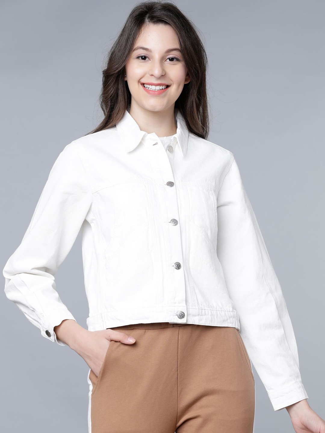 

Tokyo Talkies Women Solid Denim Jacket, White
