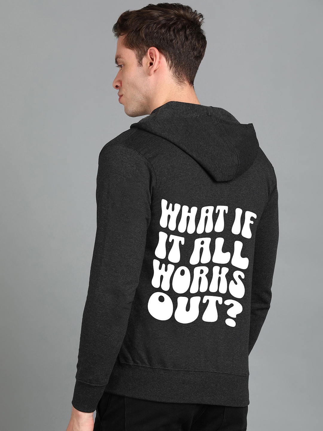 

FALTU.CO Men Printed Hooded Pure Cotton Sweatshirt, Charcoal