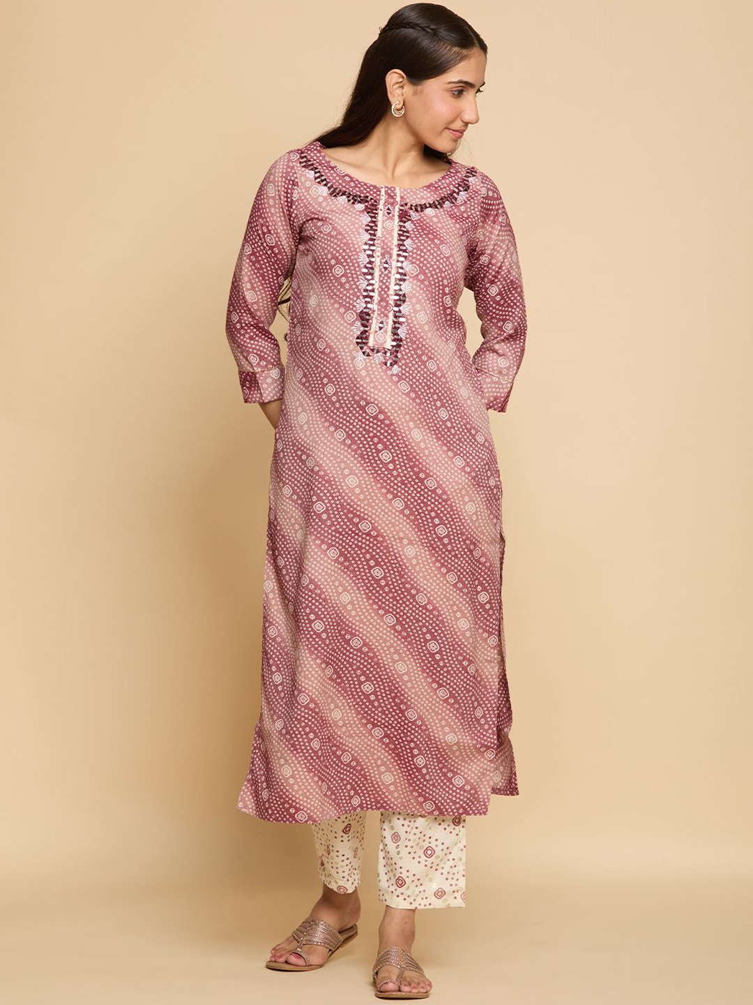 

JimAsh Bandhani Printed Straight Kurta with Trousers, Mauve