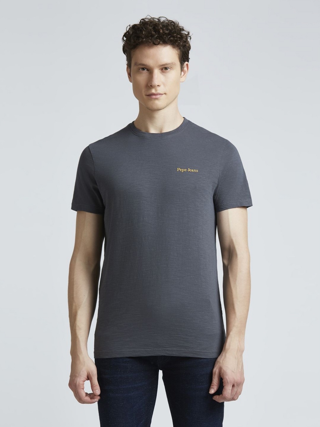 

Pepe Jeans Men Graphic Printed Round Neck Pure Cotton Slim Fit T-shirt, Grey