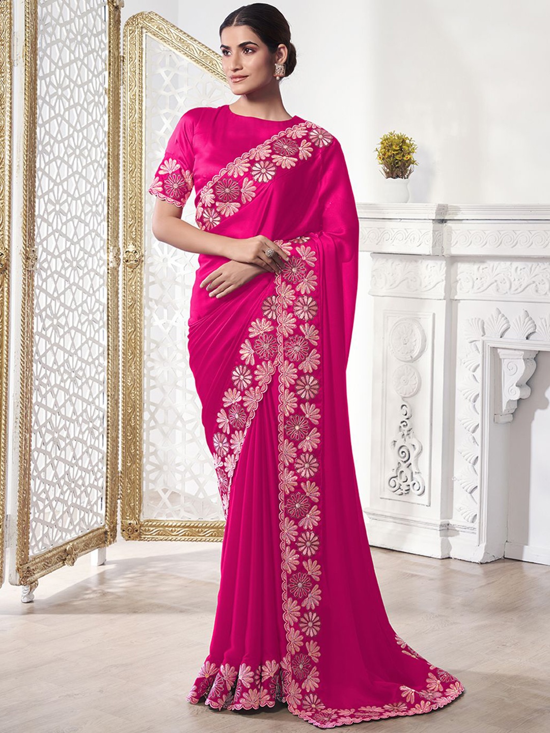 

Inddus Sequinned Satin Saree, Magenta