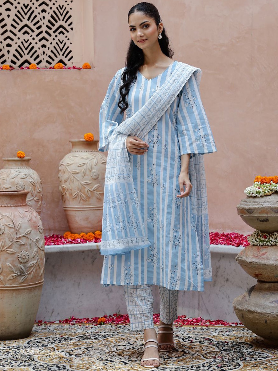 

Sangria Striped With Floral Printed Pure Cotton Straight Kurta With Trousers & Dupatta, Blue