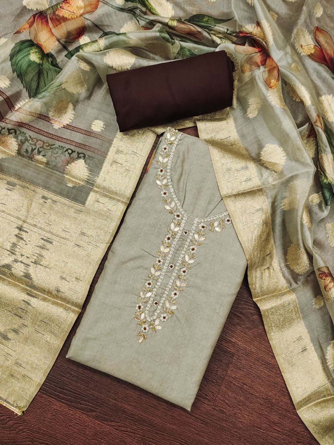 

ASISA Ethnic Motifs Embroidered Beads and Stones Unstitched Dress Material, Grey