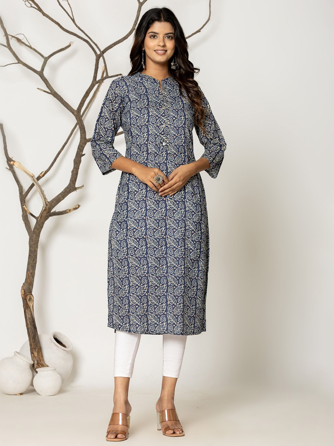 

JAIPURI BUNAAI Women Ethnic Motifs Printed Cotton Mandarin Collar Kurta, Blue