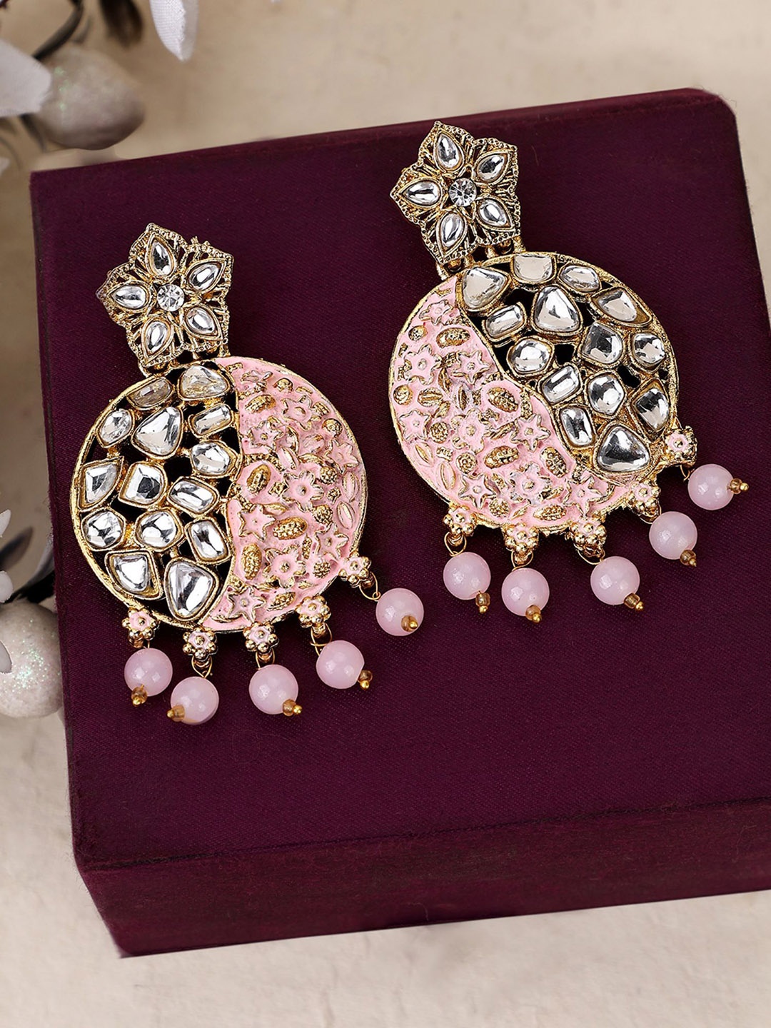 

ANIKAS CREATION Gold Plated Cubic Zirconia Meenakari Drop Earrings