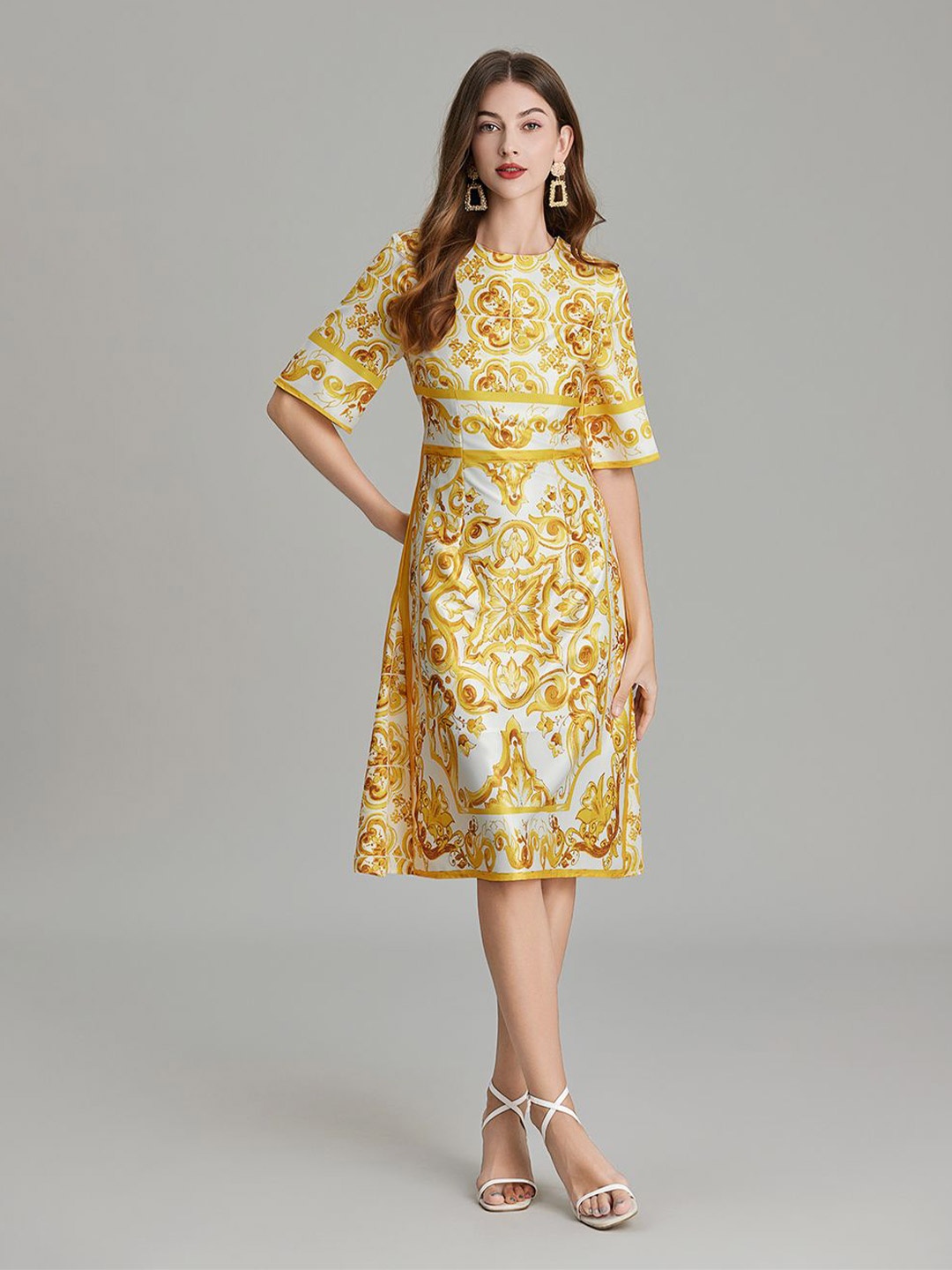 

JC Collection Ethnic Motifs Printed A-Line Dress, Yellow