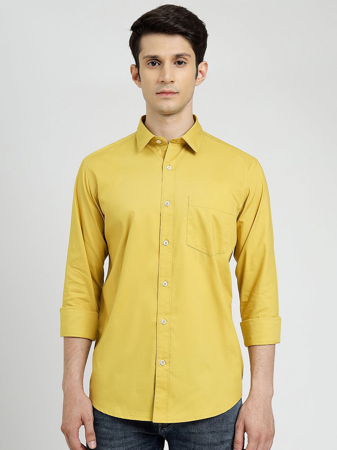 

Greenfibre Men Cutaway Collar Solid Cotton Casual Shirt, Yellow