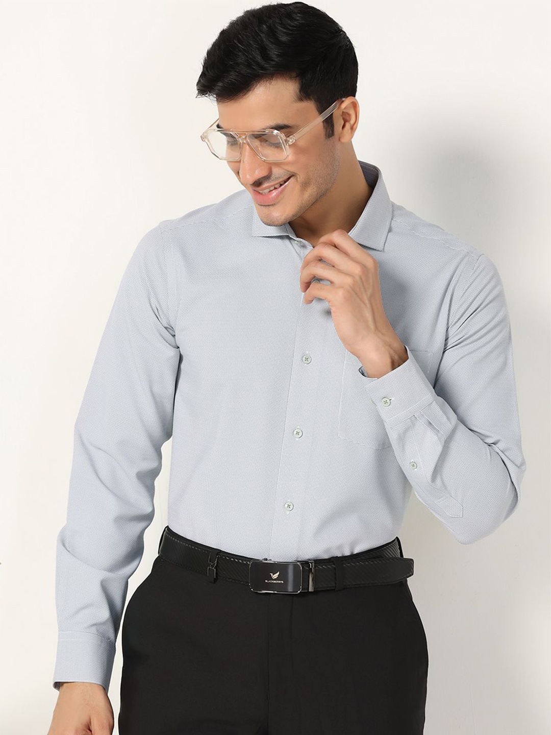 

Blackberrys Men India Spread Collar Textured Cotton Slim Fit Casual Shirt, White