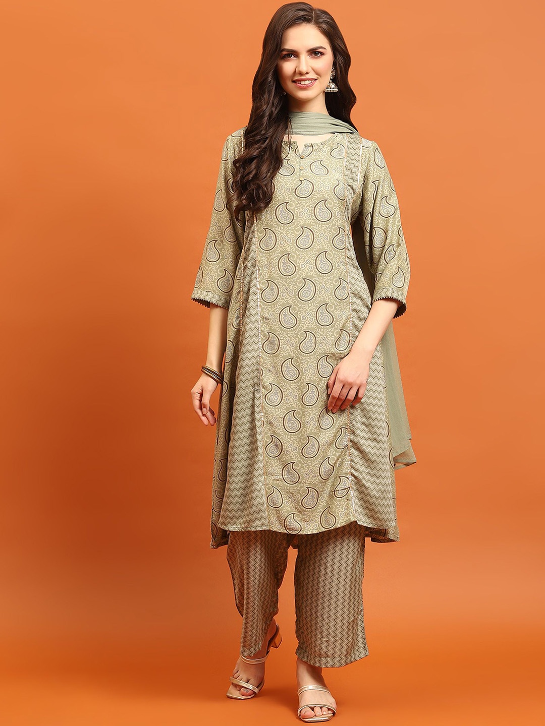 

Shree Paisley Printed Gotta Patti Liva A Line Kurta & Trousers With Dupatta, Olive