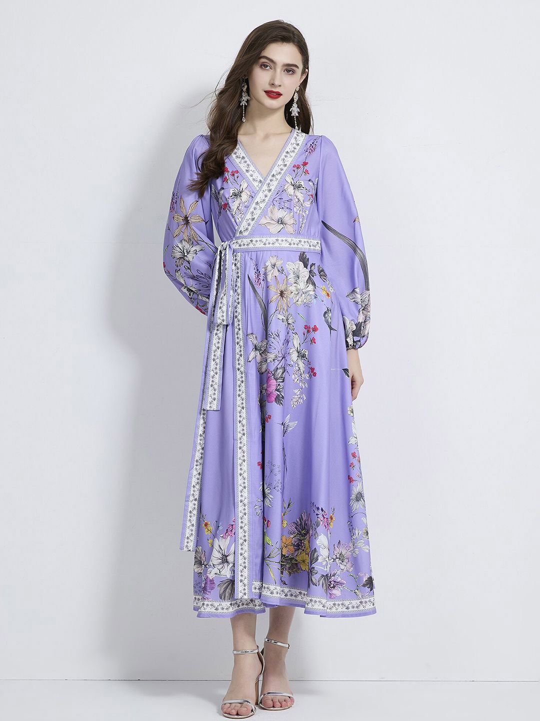 

JC Collection Women Floral Printed Puff Sleeves Wrap Midi Dress, Purple