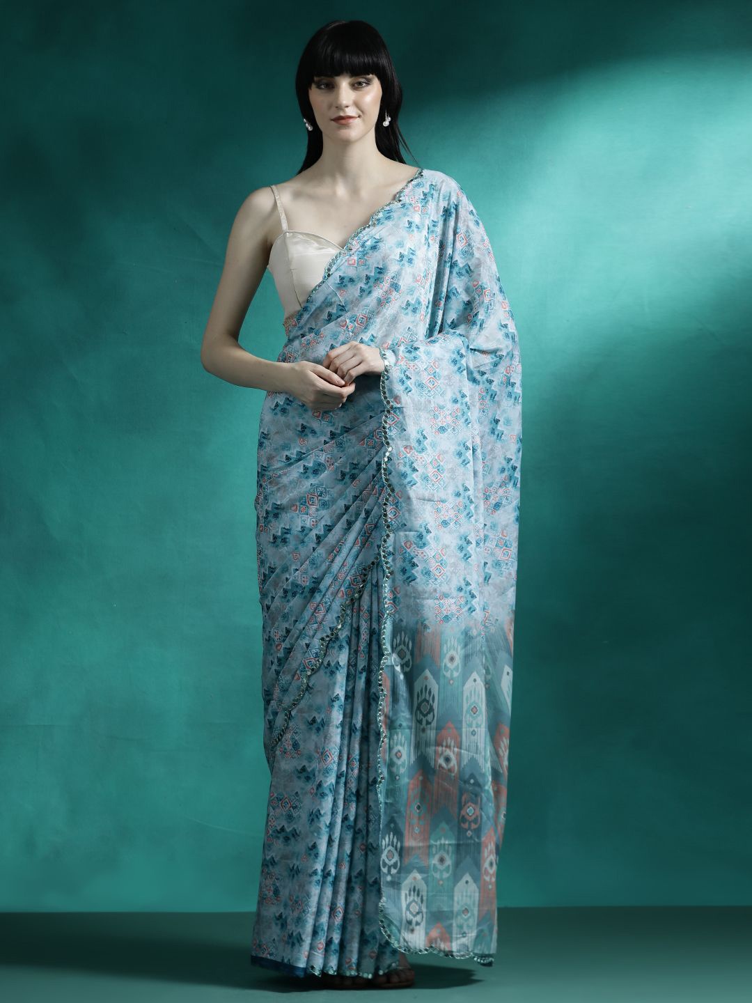

Sangria Geometric Printed Saree With Blouse Piece, Turquoise blue