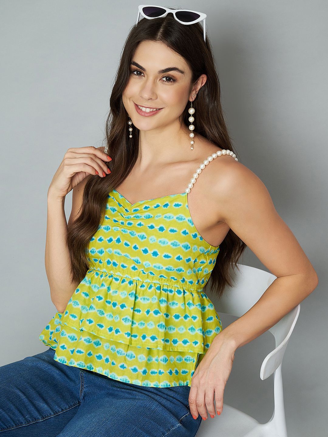 

COTLAND FASHION Women Abstract Printed Sweetheart Neck Cotton Top, Lime green