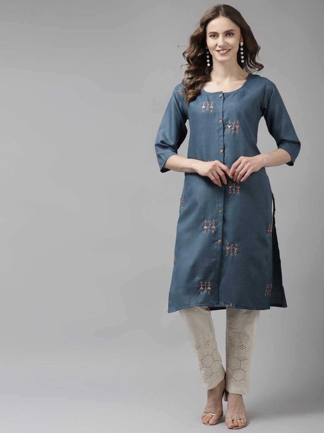 

BAESD Ethnic Motifs Embroidered Cotton Straight Kurta, Blue