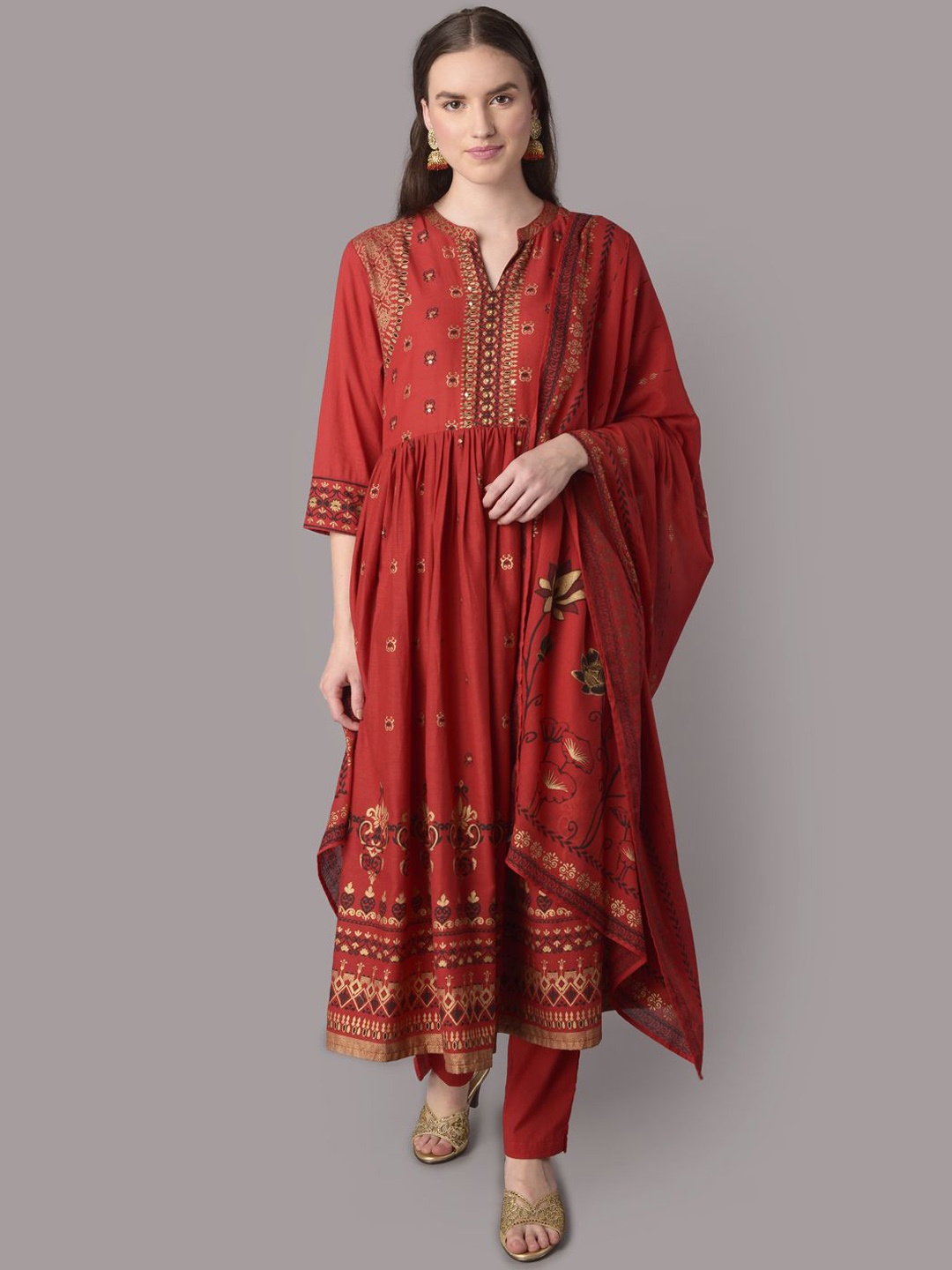 

Shree Ethnic Motifs Mandarin Collar Pure Cotton Anarkli Kurta With Trousers & Dupatta, Red