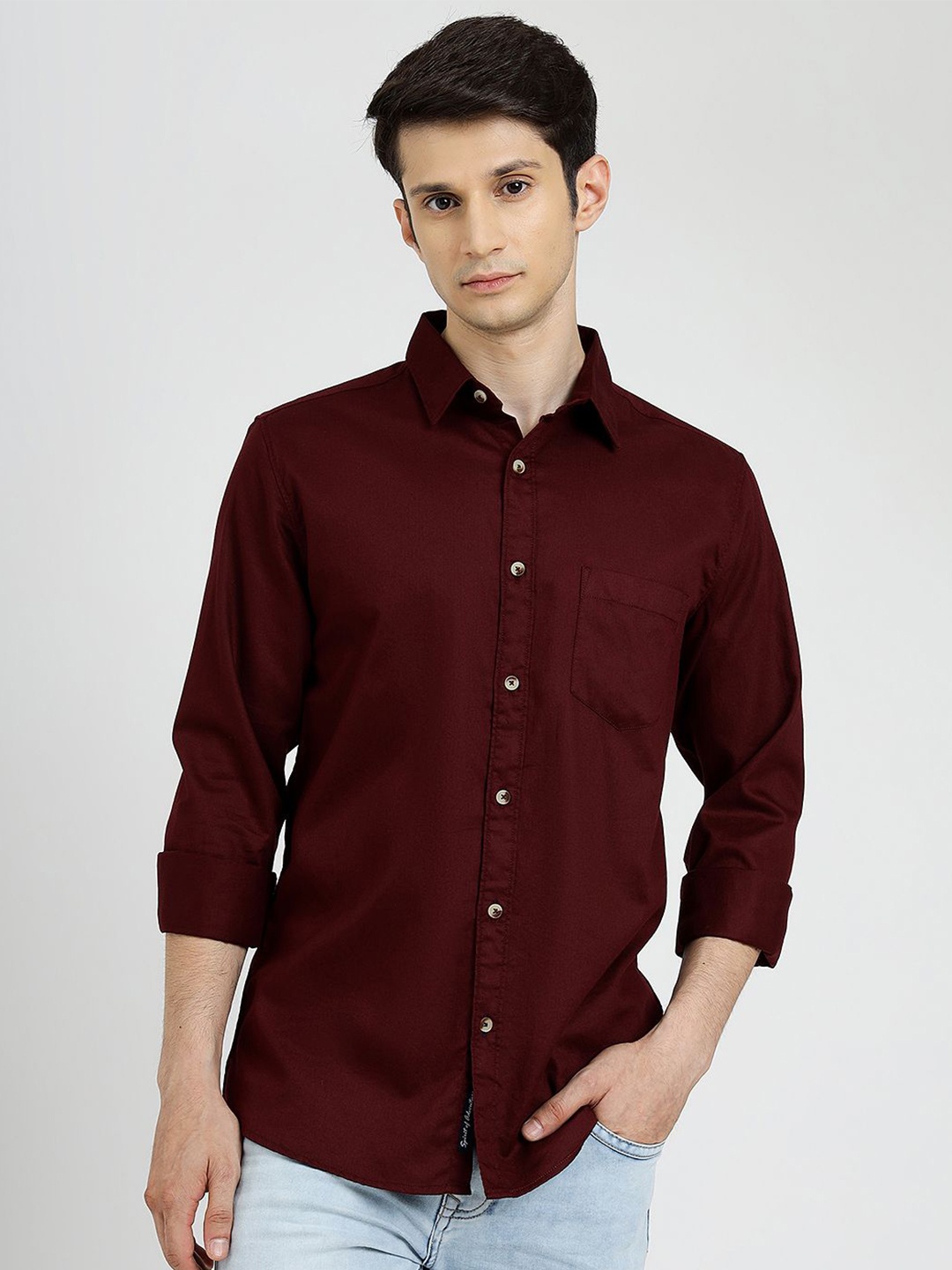 

JADE BLUE Men Spread Collar Solid Cotton Slim Fit Casual Shirt, Maroon