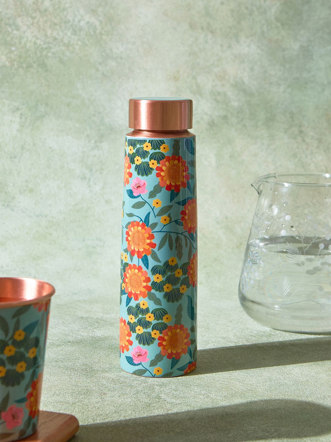 

Chumbak Blue & Orange Floral Printed Copper Water Bottle