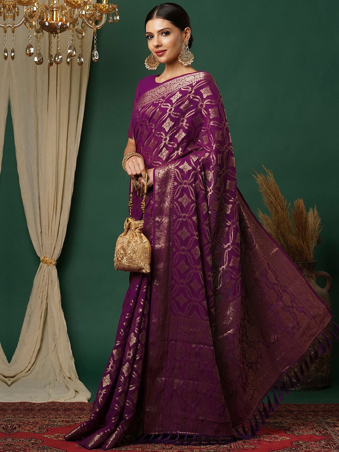 

Satrani Woven Design Zari Pure Georgette Banarasi Saree, Purple