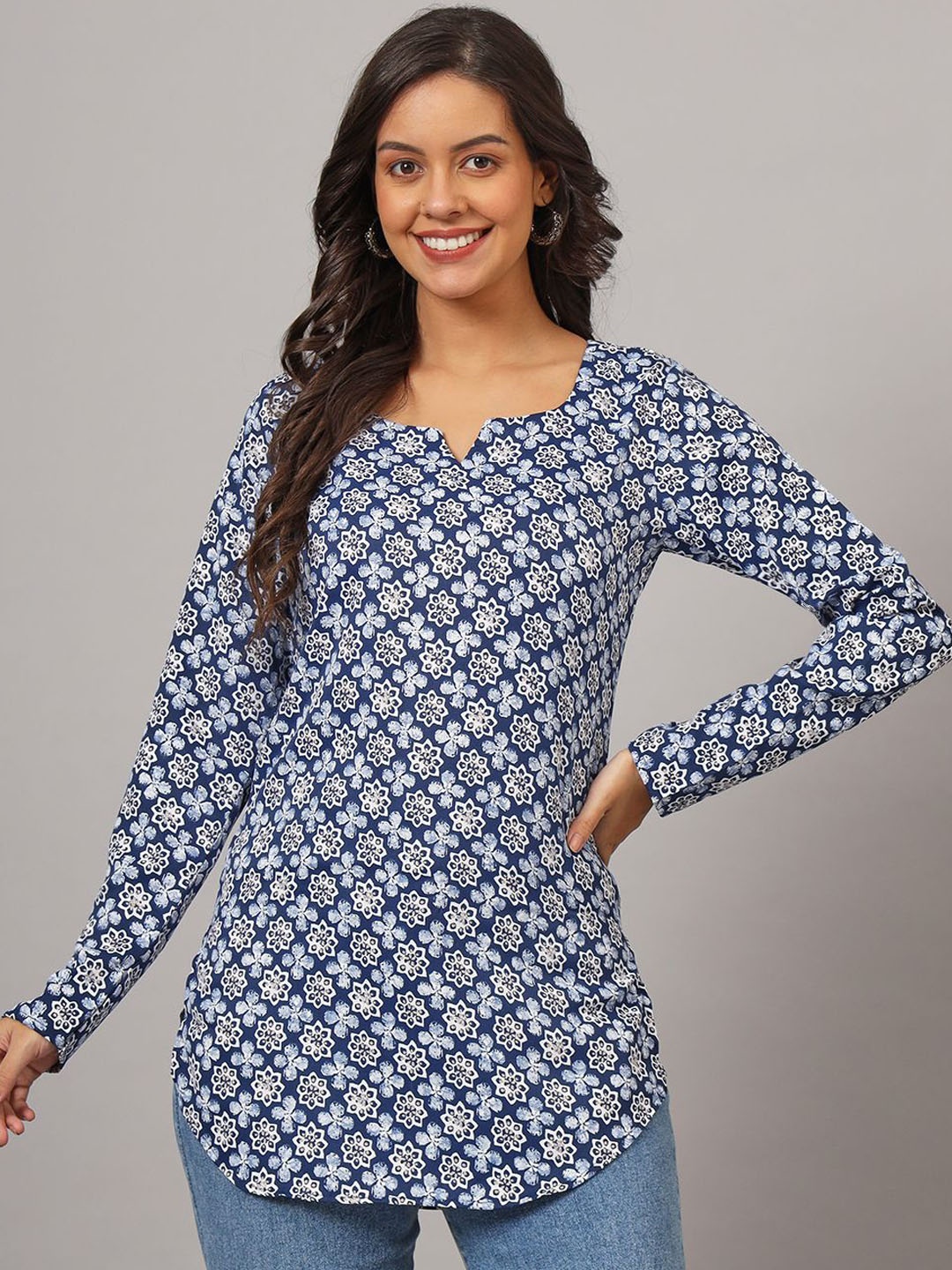 

DHAKRE FASHION Floral Printed Long Sleeves Pure Silk Kurti, Navy blue