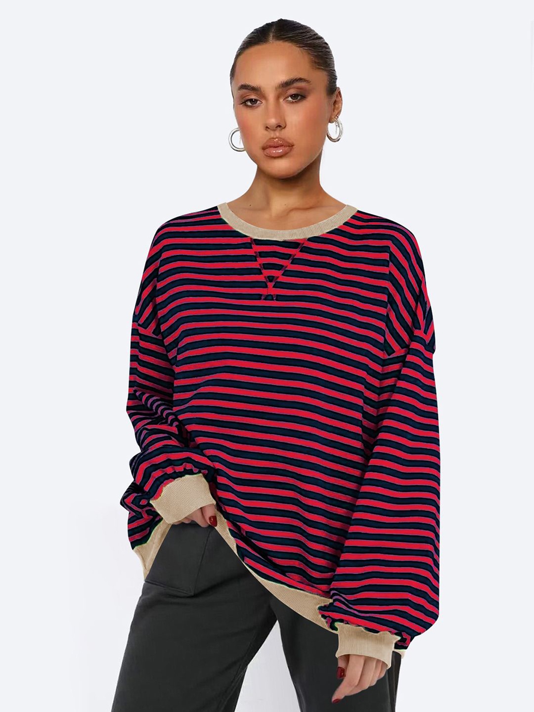 

JC Mode Women Striped Round Neck Sweatshirt, Khaki