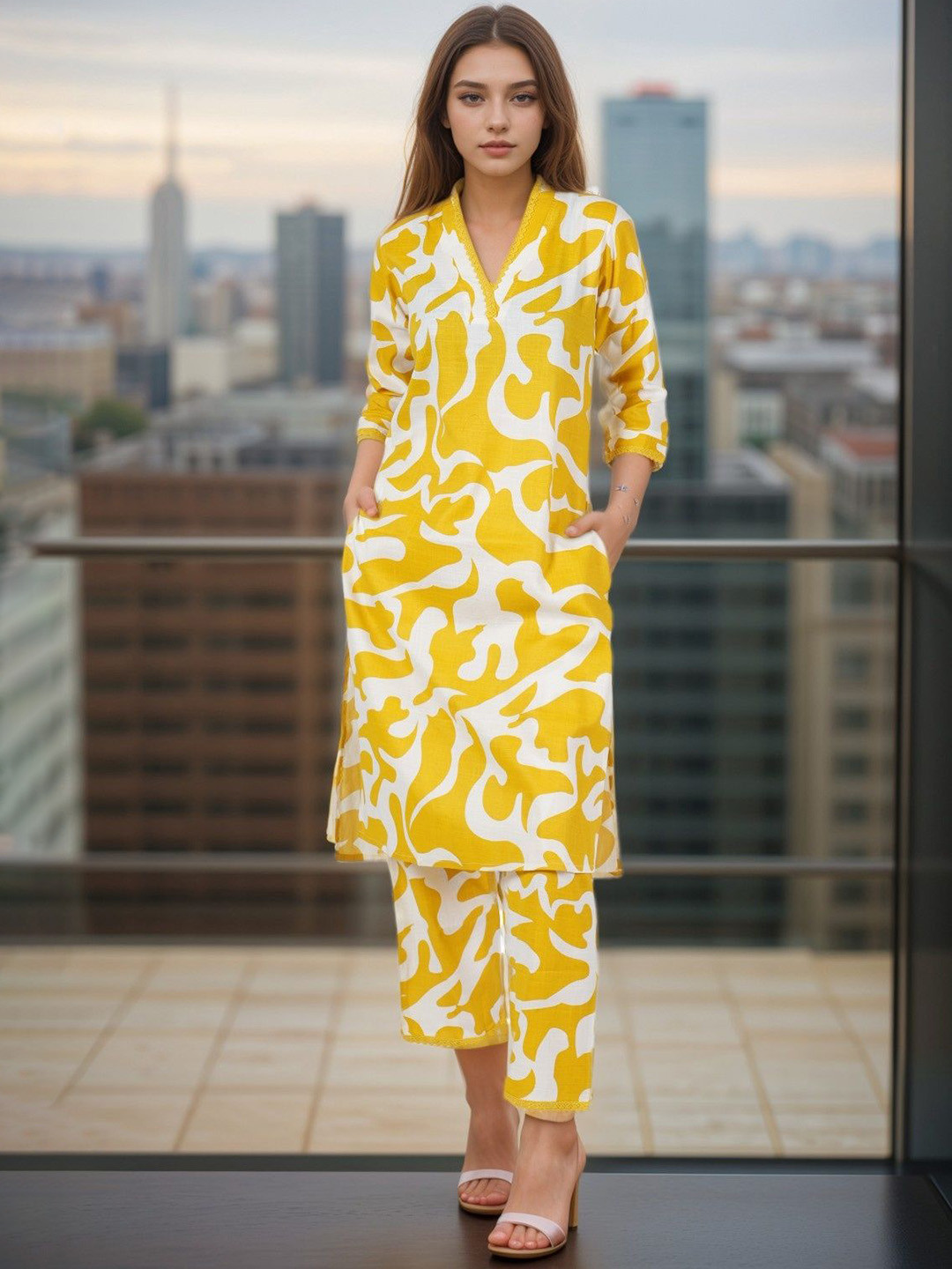 

BAESD Abstract Printed V-Neck Regular Straight Kurta with Trouser, Yellow