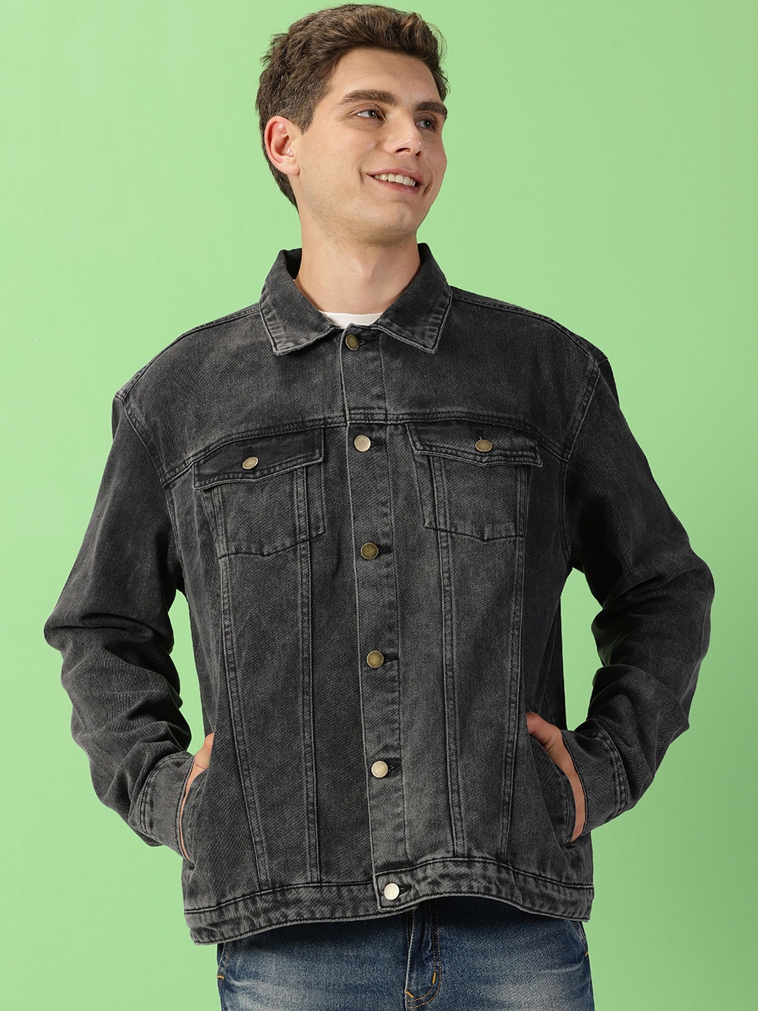 

THIRD QUADRANT Men Washed Denim Jacket, Black