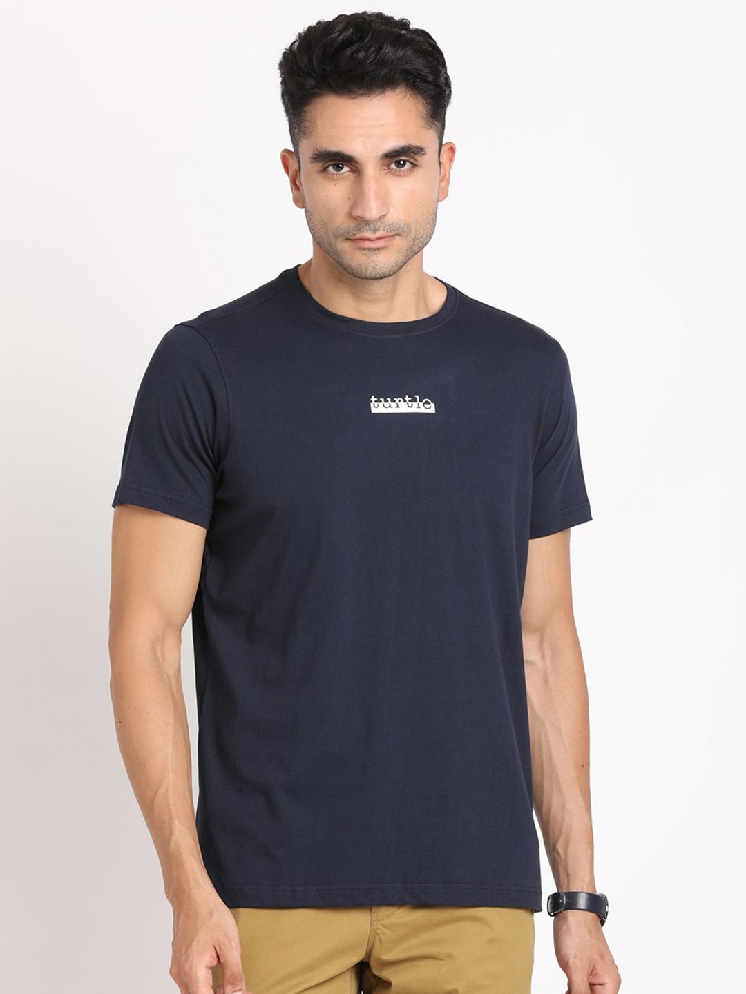 

Turtle Men Solid Round Neck Cotton Slim Fit T-shirt, Navy blue