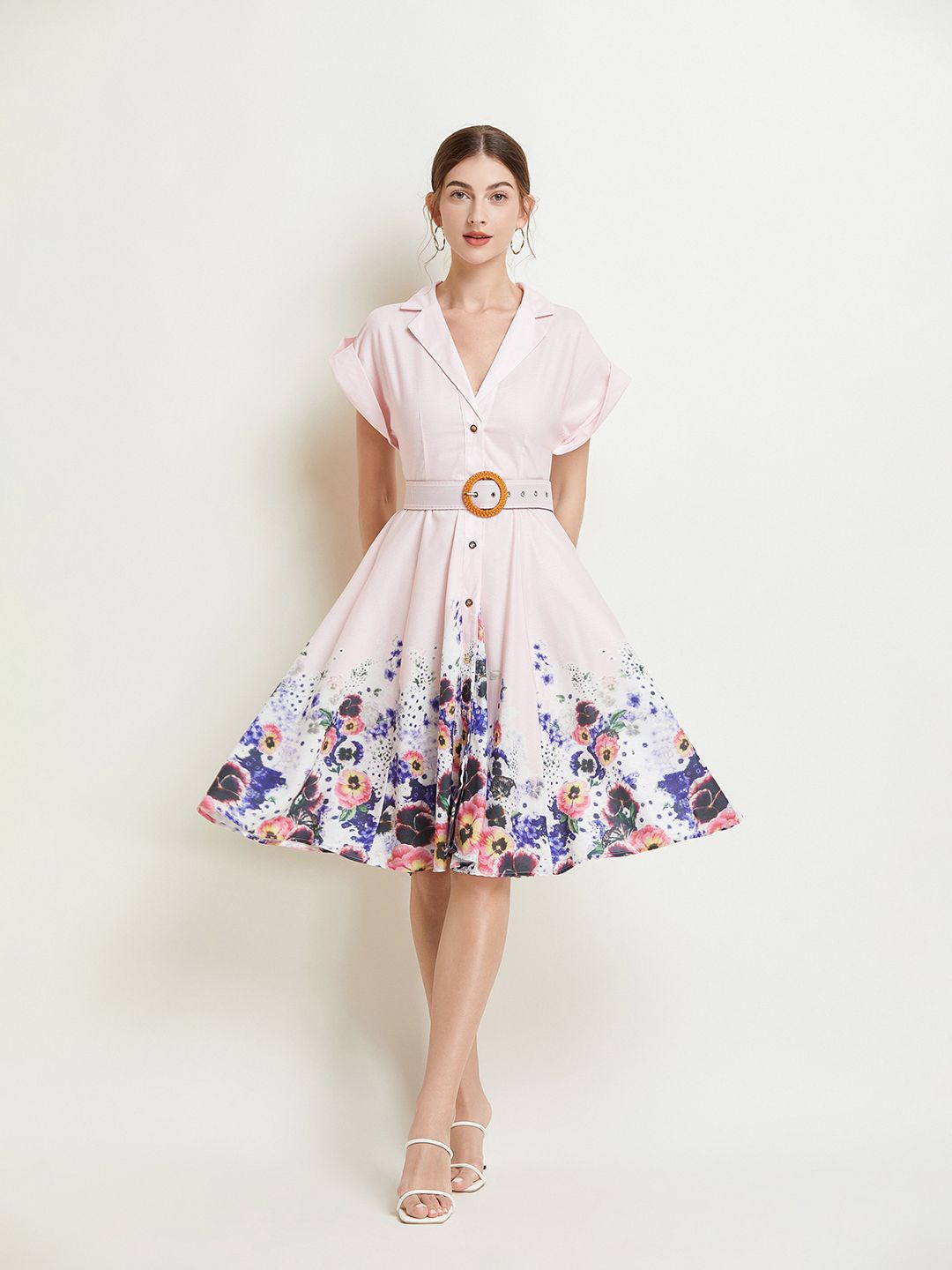 

JC Collection Shirt Collar Extended Sleeves Floral Printed Fit & Flare Dress, White