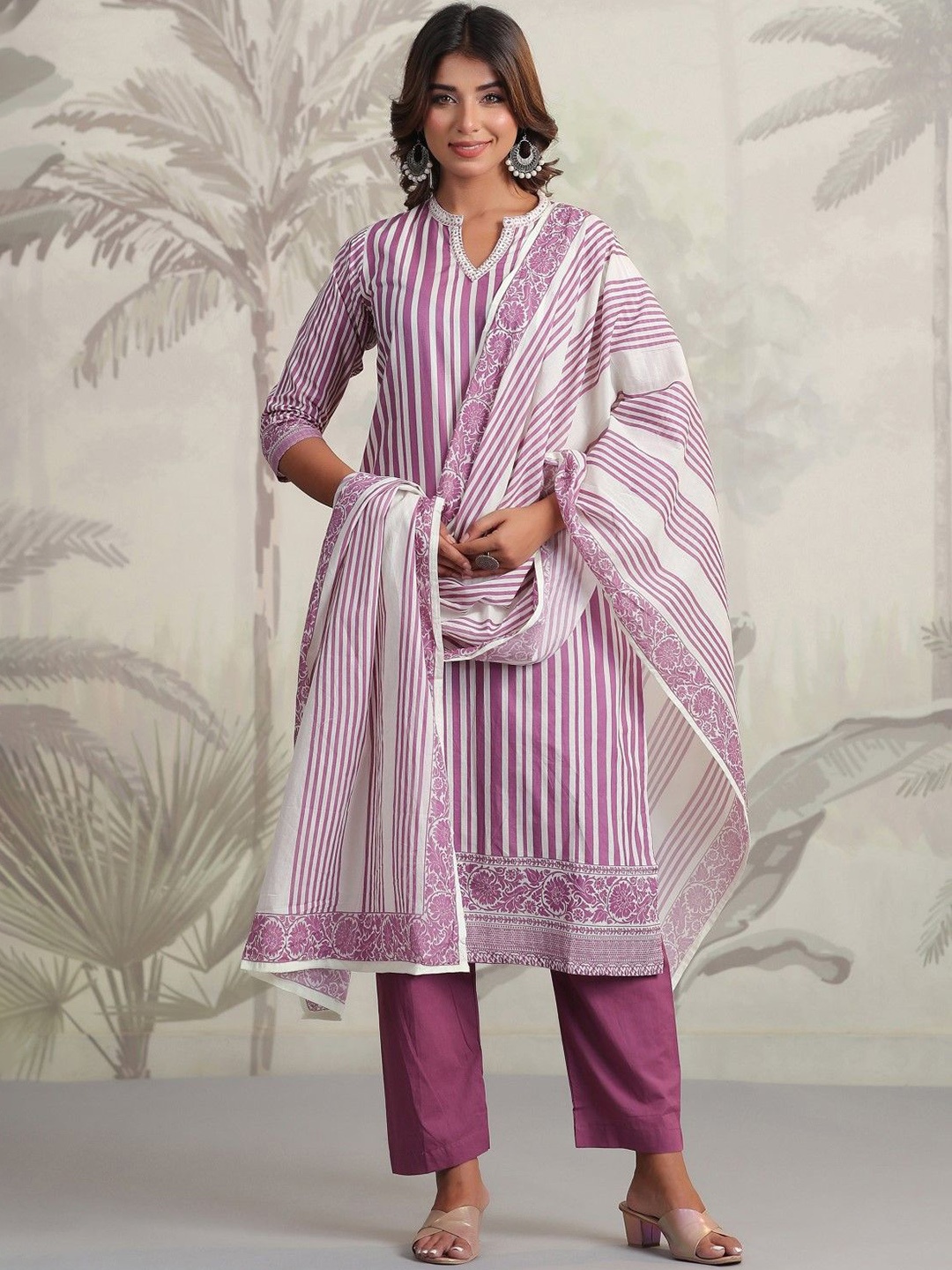 

AUTUMN LANE Striped Pure Cotton Straight Kurta With Trousers & Dupatta, Purple