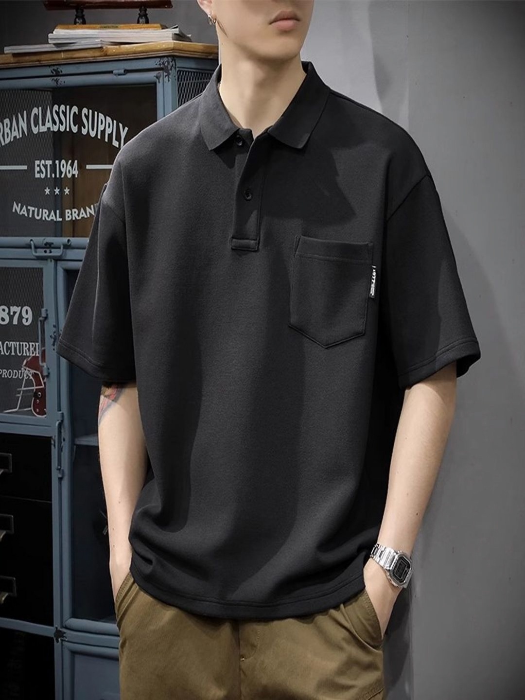 

StyleCast Men Cotton Printed Polo Collar Pockets T-shirt, Black
