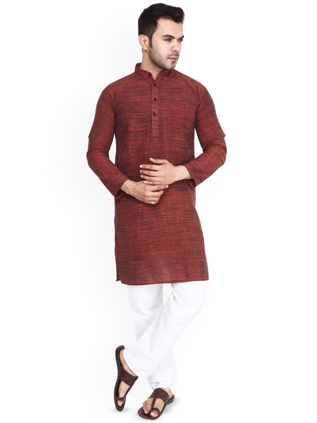 

Aaryavar Woven Band Collar Long Sleeves Khadi Straight Kurta, Rust