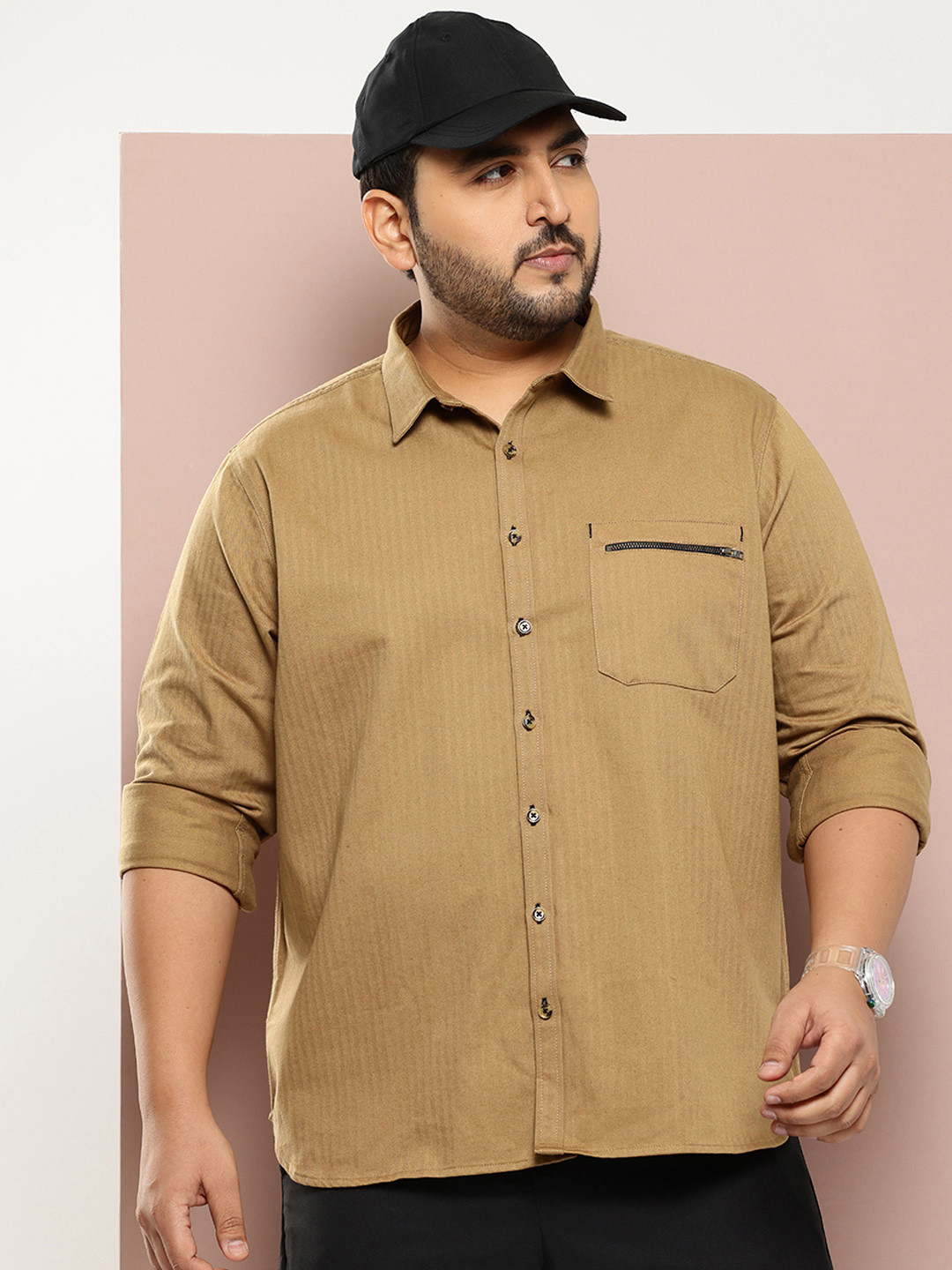 

Sztori Men Plus Size Striped Pure Cotton Casual Shirt, Khaki