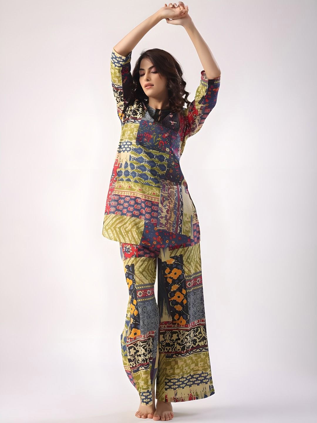 

NIJANAND TEXTILE Women Printed Pure Cotton Kurti with Palazzos, Multi