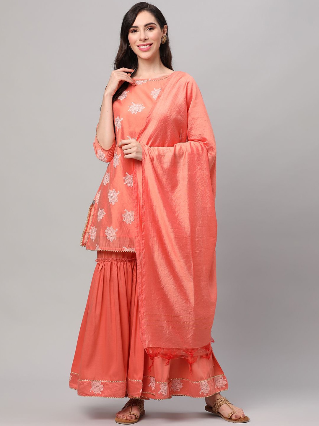 

Shree Floral Printed Gotta Patti Chanderi Silk Kurti With Sharara & Dupatta, Peach