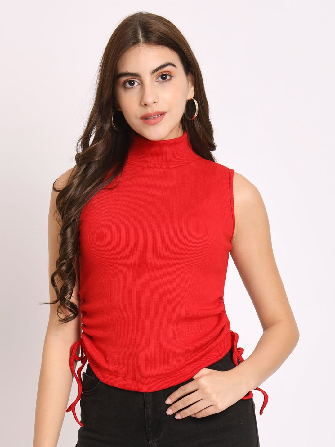 

BAESD Women Solid High Neck Cotton Top, Red
