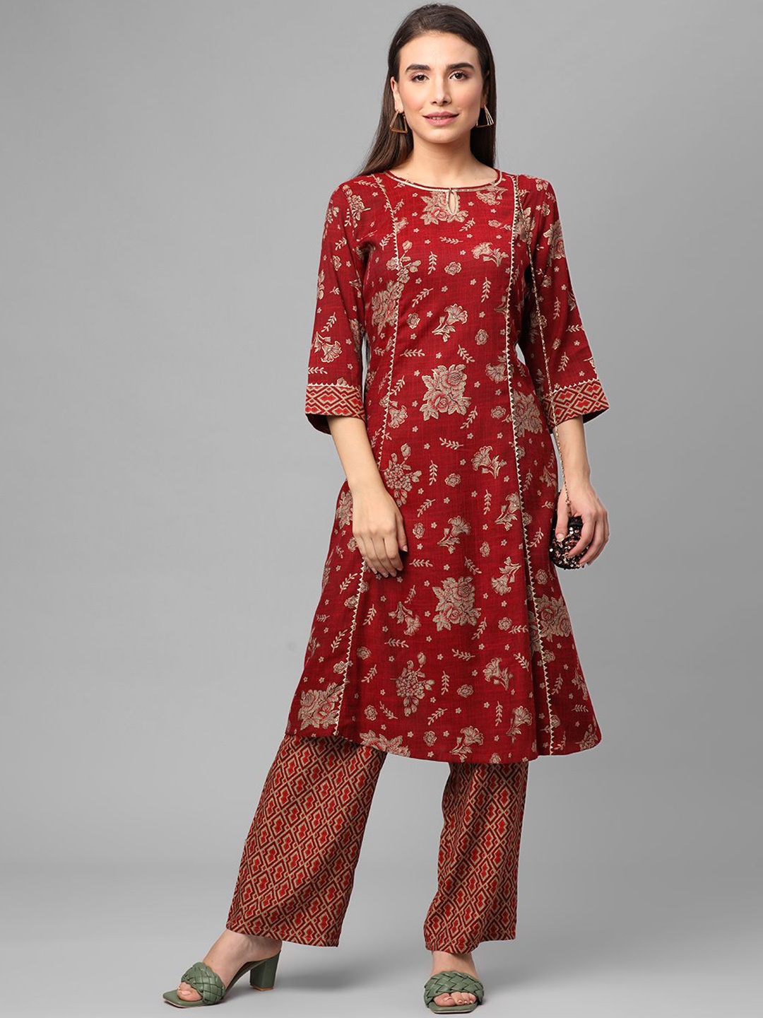 

Shree Floral Printed Liva A-Line Kurta with Trousers, Maroon
