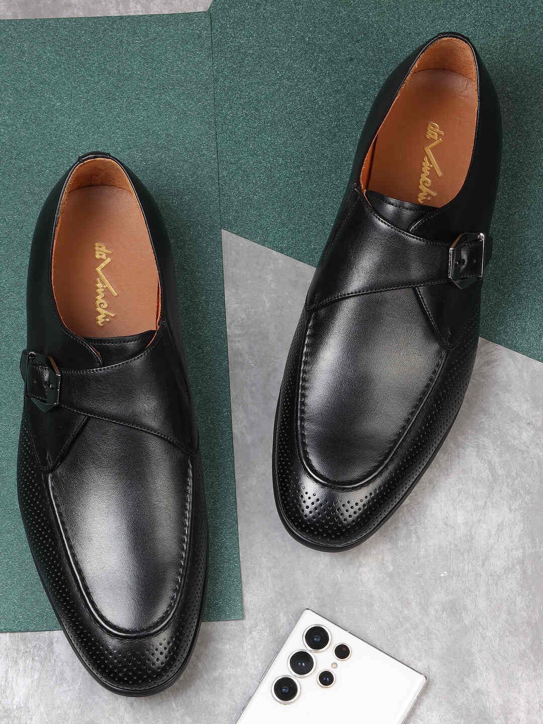 

DAVINCHI Men Leather Formal Monk Shoes, Black