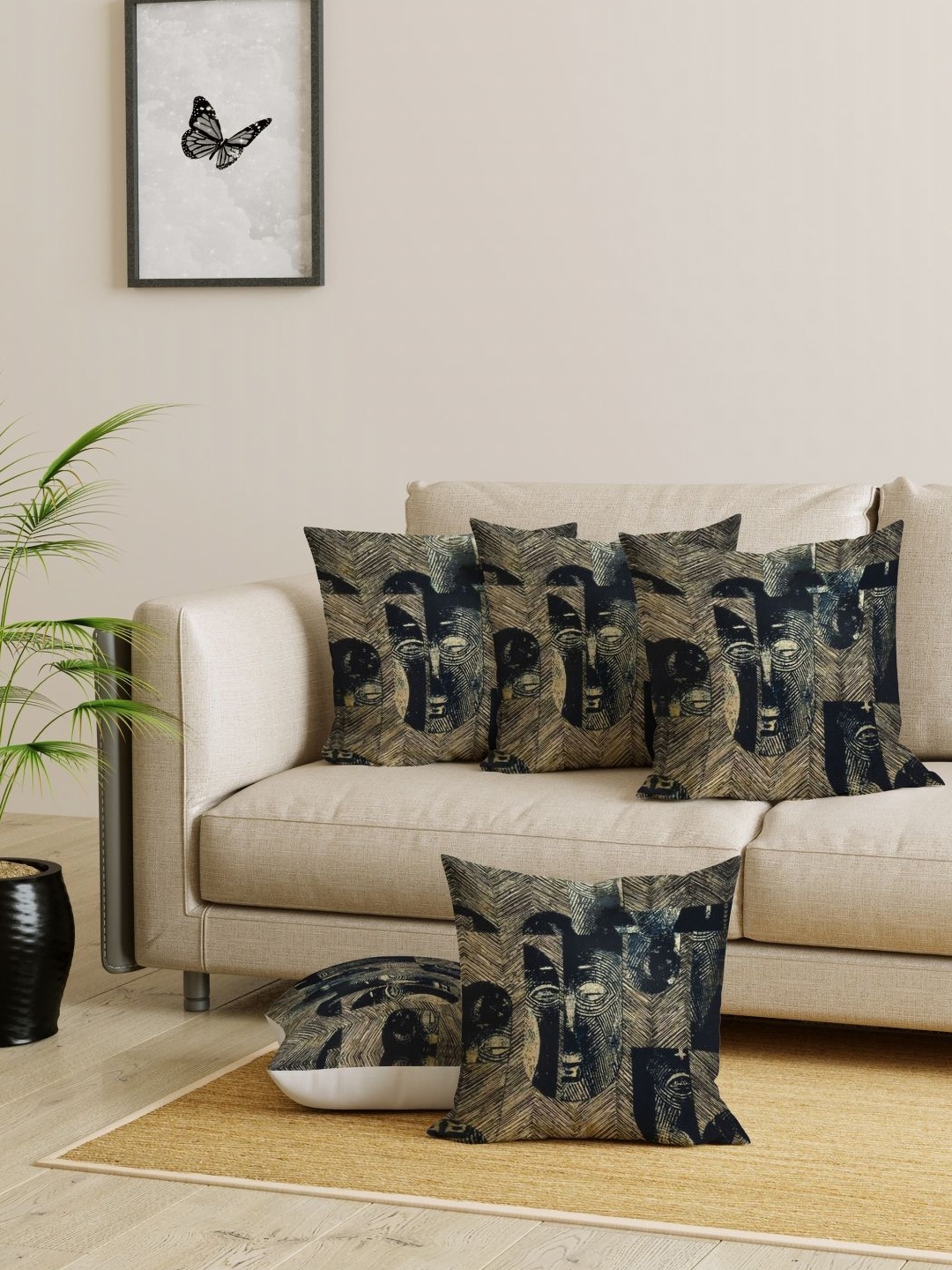 

EverHOME Black & Brown 5 Pieces Abstract Printed Jute Cotton Square Cushion Covers
