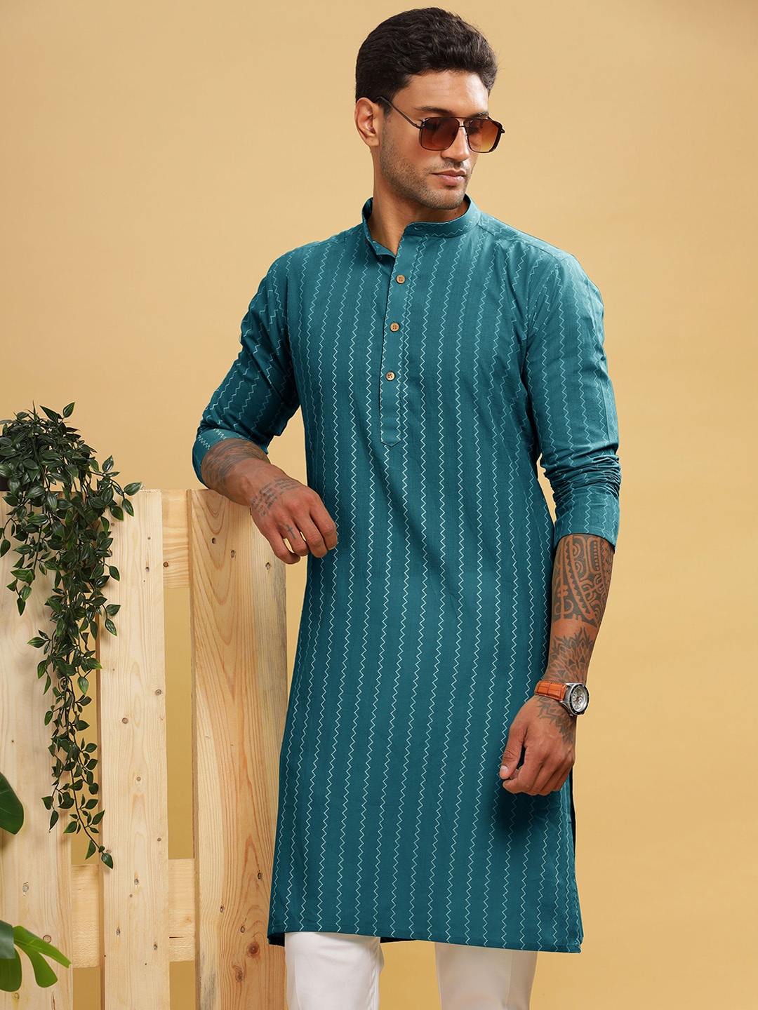 

Anouk Blue Striped Band Collar Cotton Straight Kurta