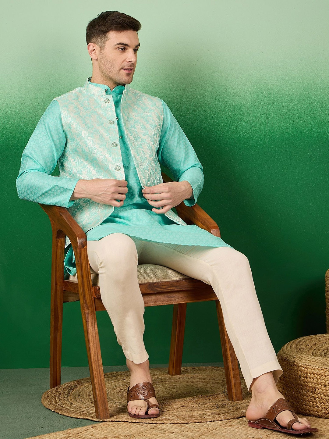 

Sangria Woven Design Mandarin Collar Kurta & Pyjama With Nehru Jacket, Sea green