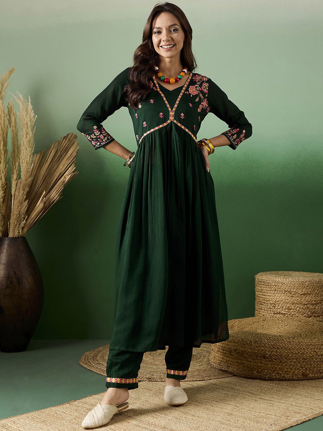 

Sangria Sequence Embroidered Anarkali Kurta With Trousers, Green