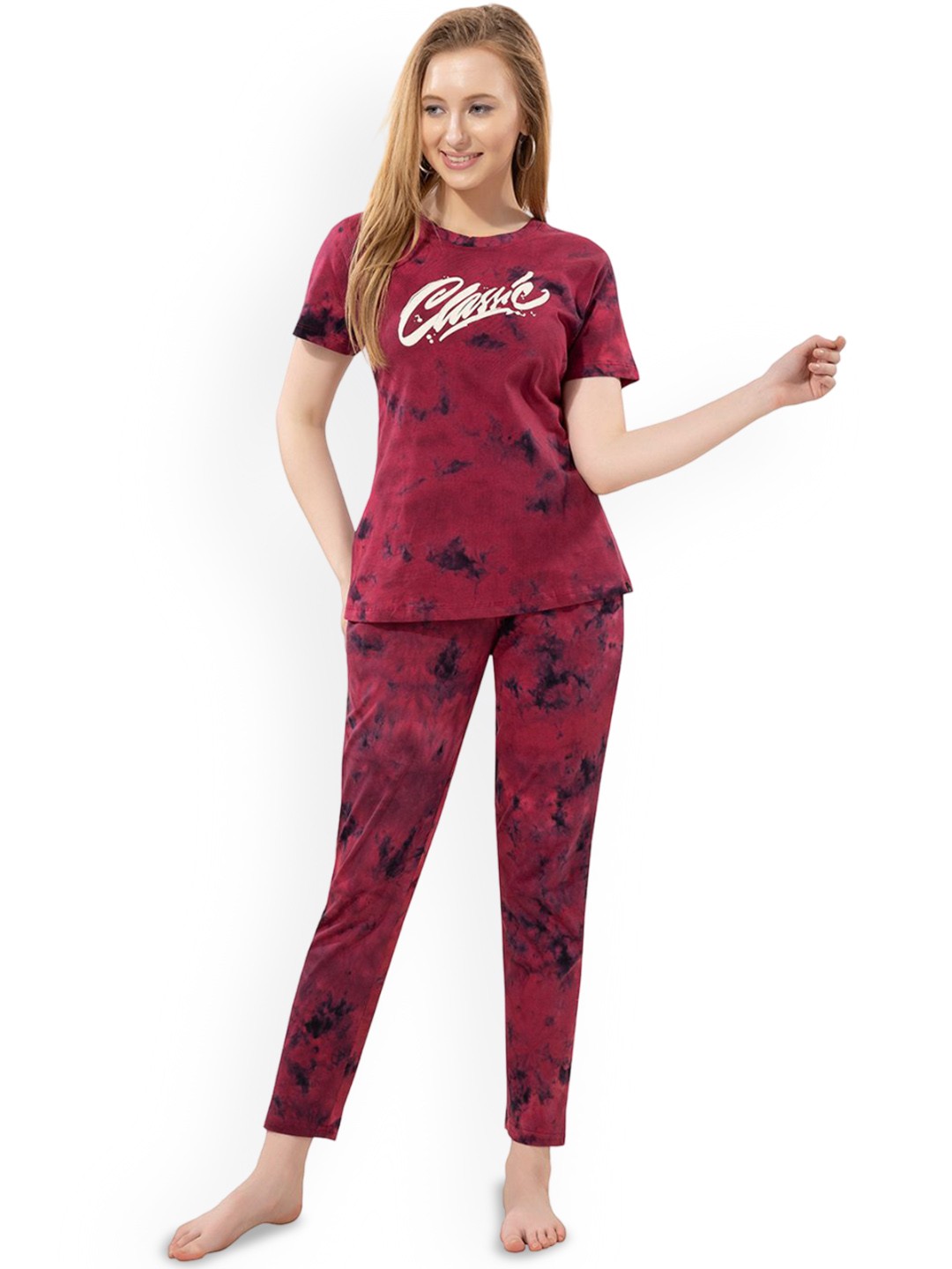 

TITTLI Women Tie and Dye Pure Cotton Night suit, Red