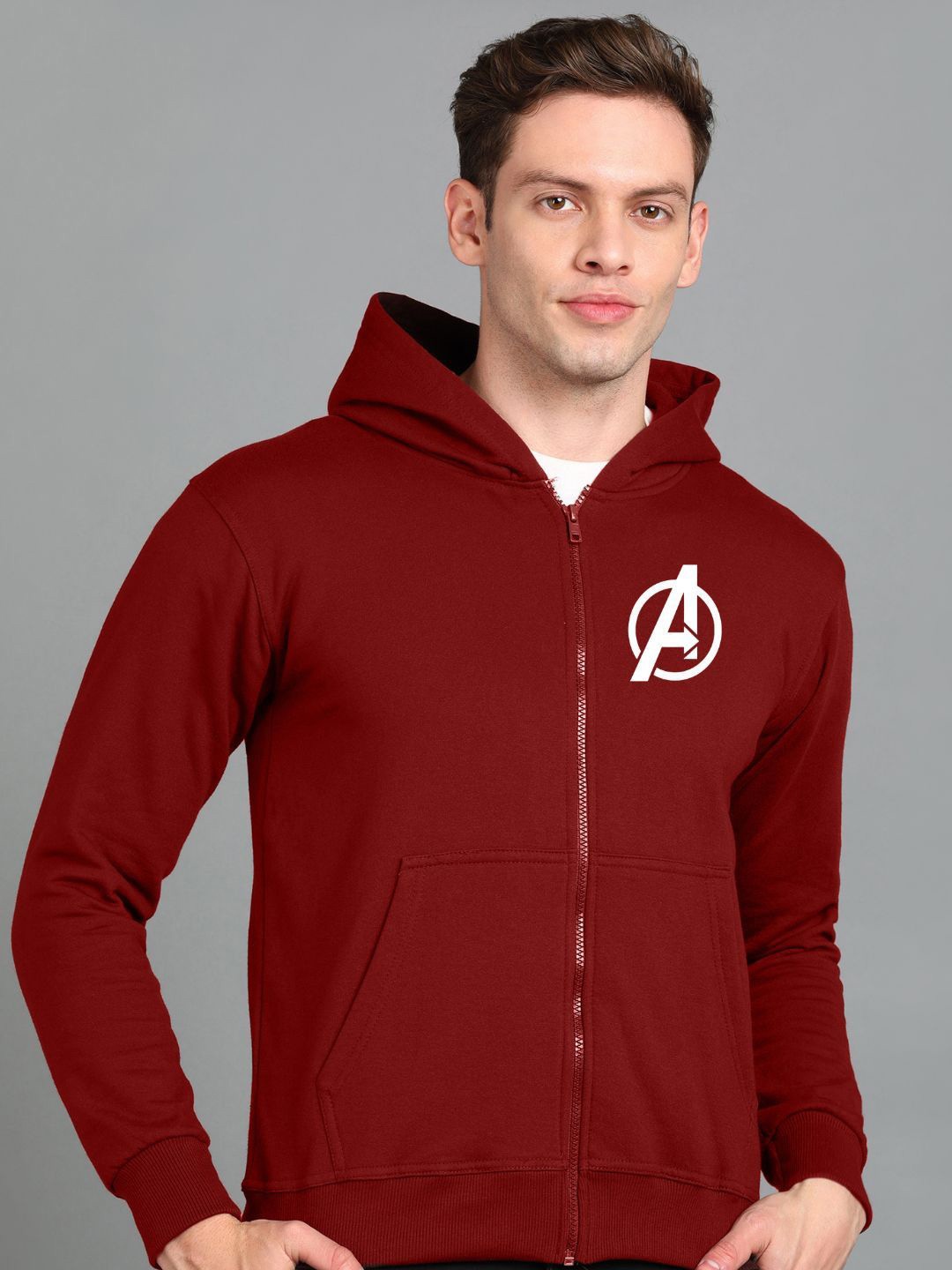 

FALTU.CO Men Printed Zip Detail Hooded Cotton Sweatshirt, Maroon