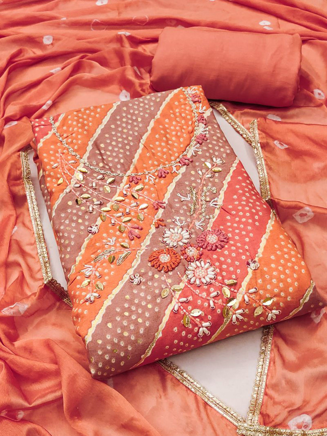 

ASISA Ethnic Motifs Embroidered Beads and Stones Unstitched Dress Material, Orange