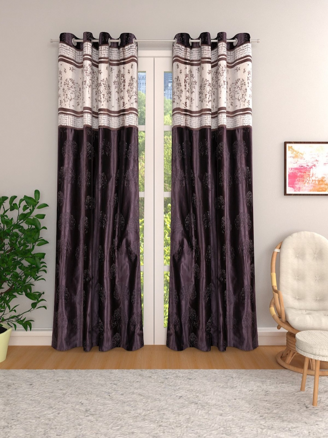 

ROMEE Coffee Brown & Off White 2 Pieces Floral Printed Room Darkening Door Curtain