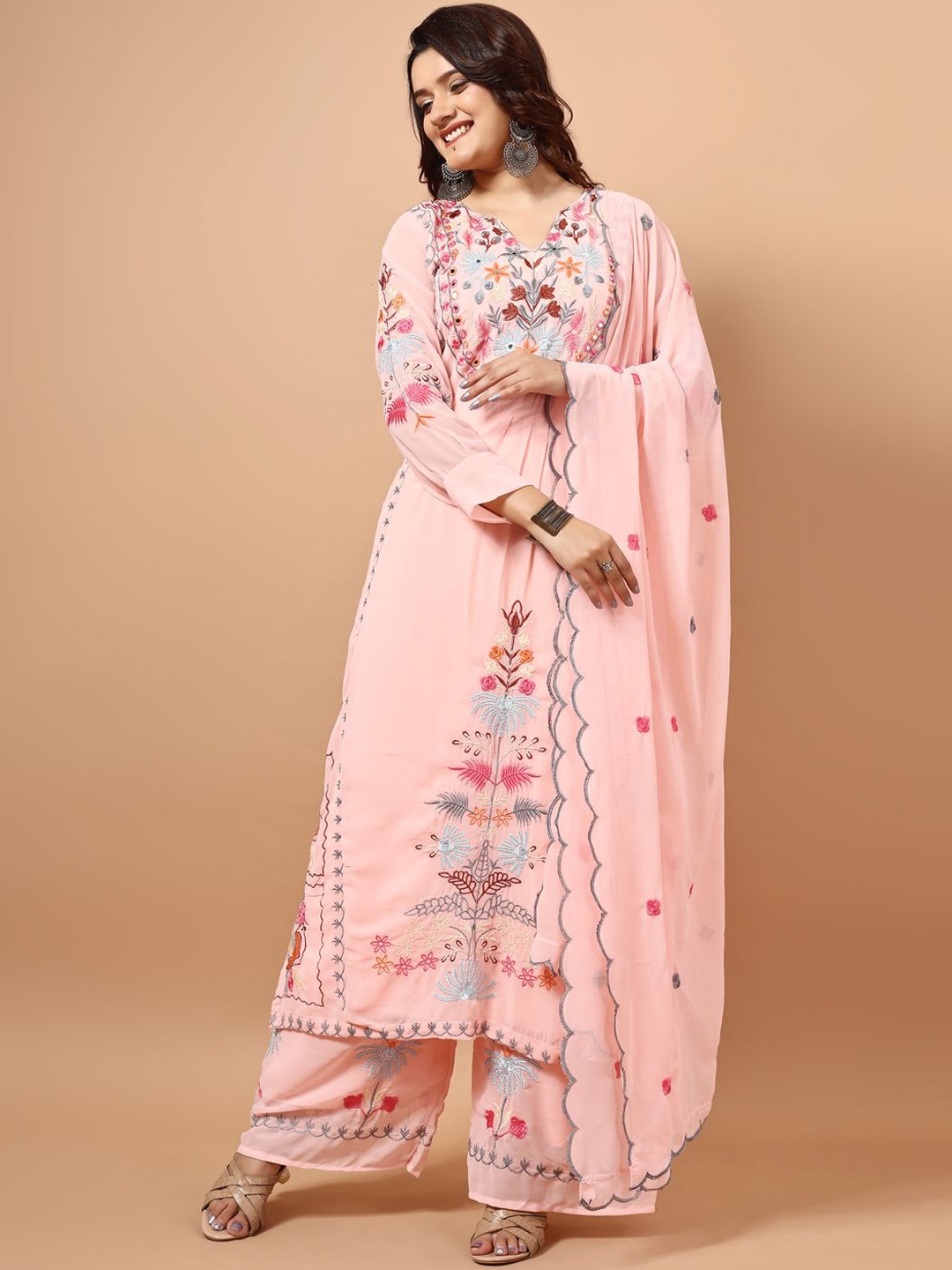 

KALINI Floral Embroidered Thread Work Georgette Straight Kurta with Palazzo & Dupatta, Peach