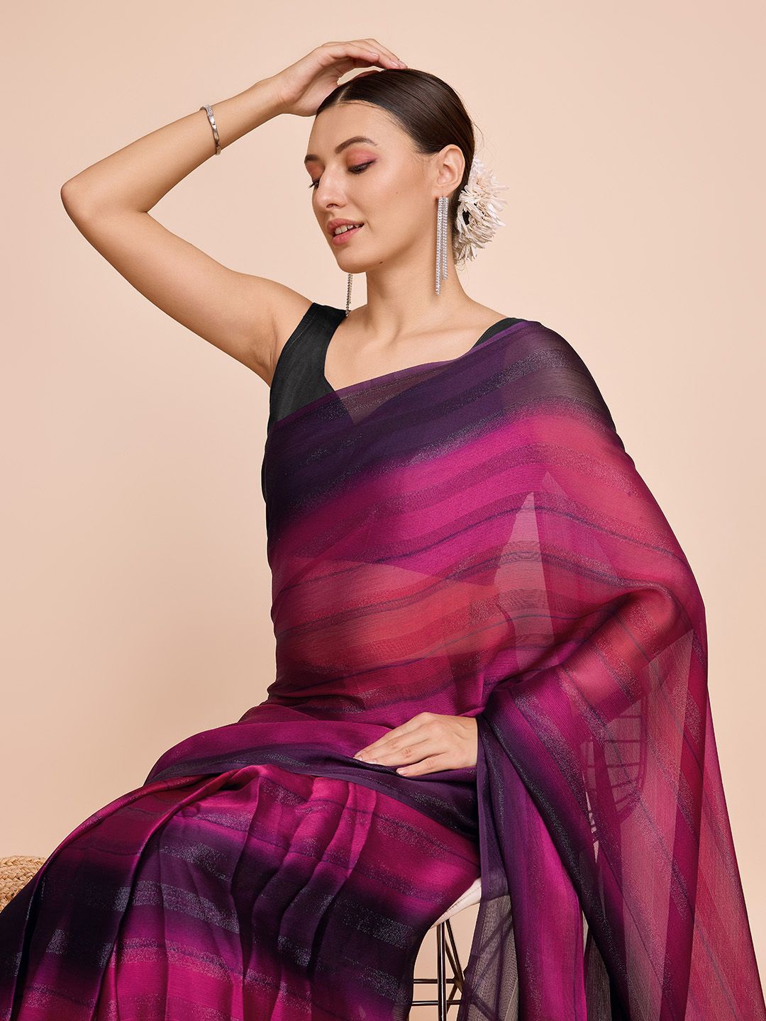 

Nimidiya Striped Saree With Blouse Piece, Pink