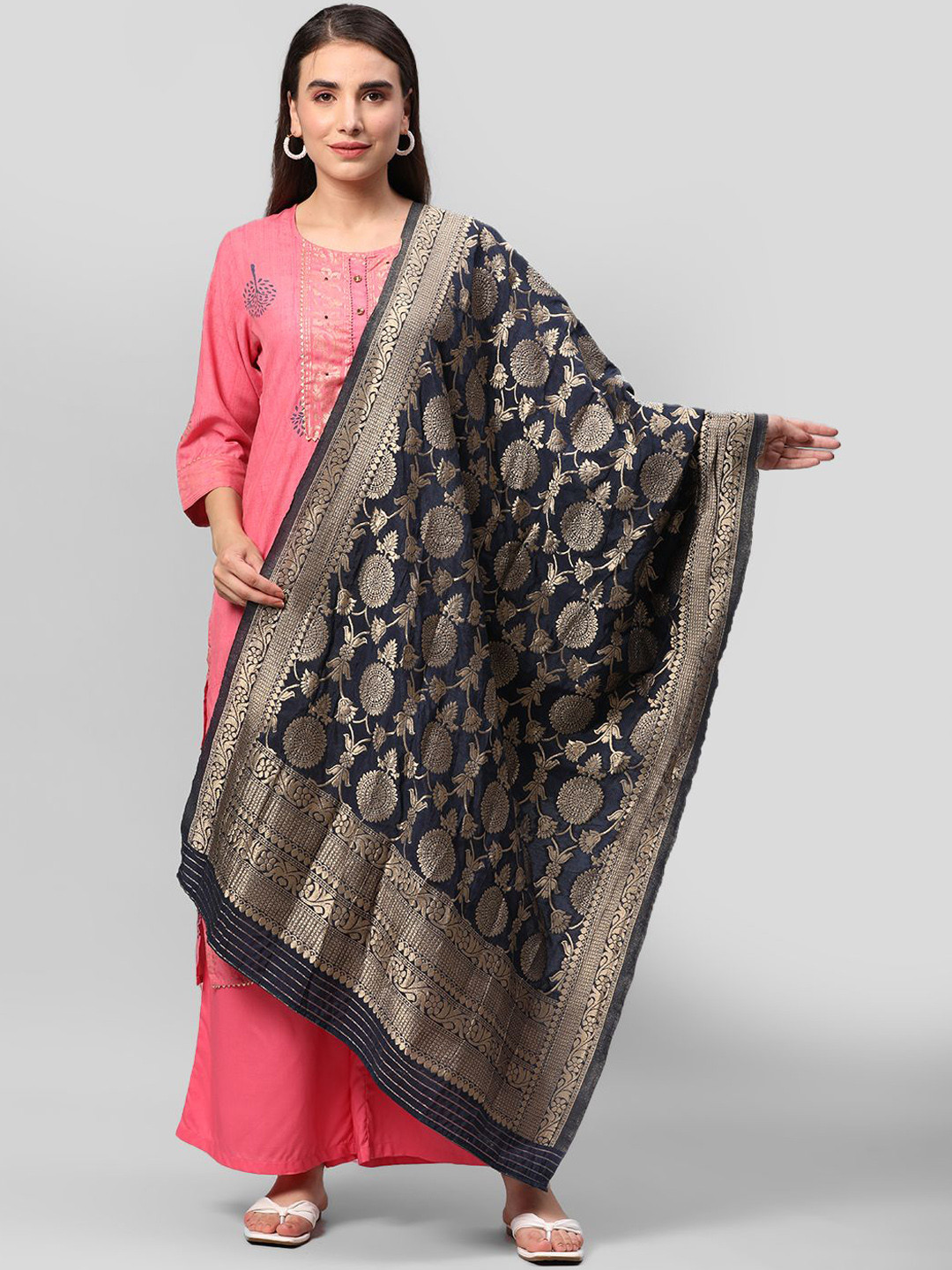 

Shree Ethnic Motifs Printed Liva Straight Kurta with Palazzos & With Dupatta, Pink