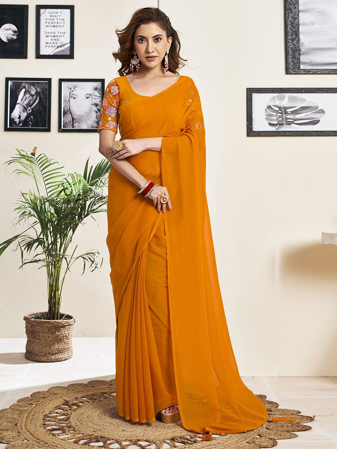 

all about you Solid Pure Georgette Saree, Yellow