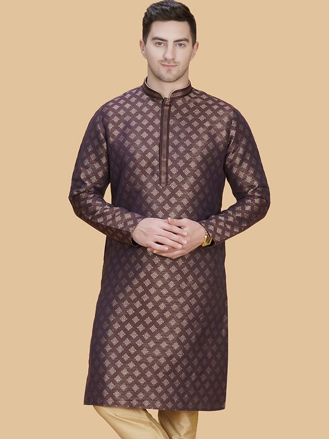 

LA'SCOOT Ethnic Motifs Printed Mandarin Collar Pure Cotton Kurta with Churidar, Maroon
