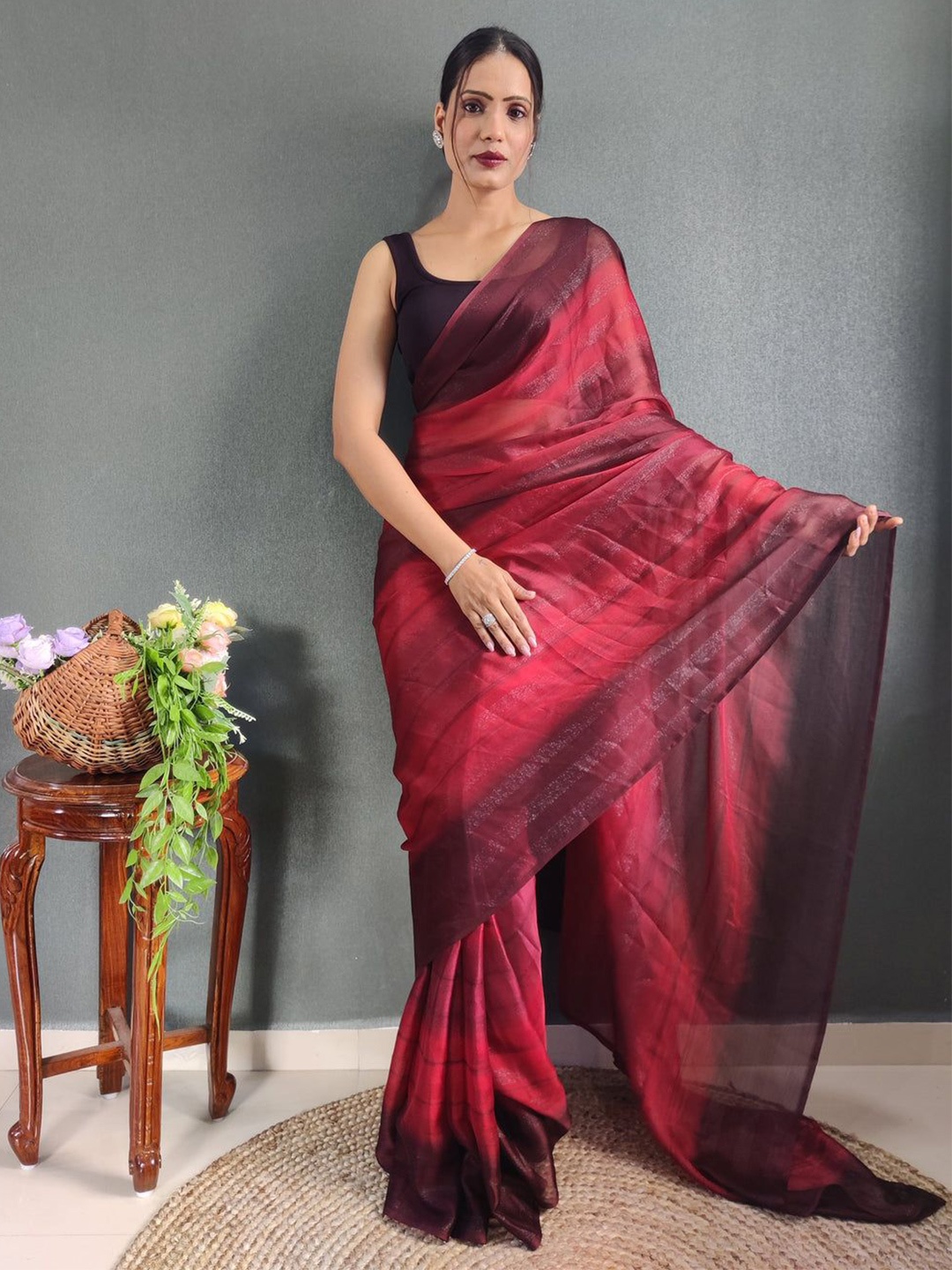 

Sidhidata Striped Poly Georgette Ready to Wear Saree, Maroon